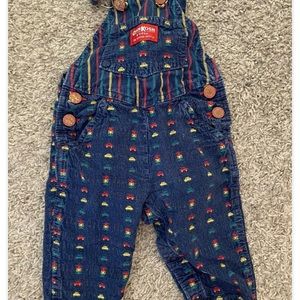 VTG Oshkosh B’Gosh Overalls 3-6mo CAR TRAFFIC Print Denim MADE IN USA Stripe car